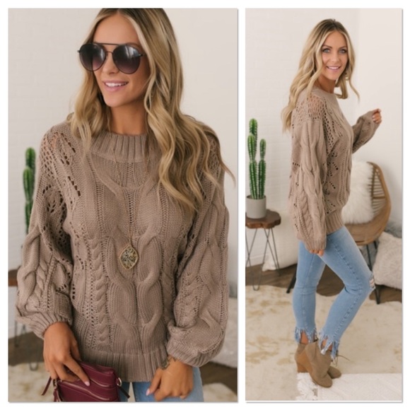 Lavender Moon Sweaters - CCO SALE Mocha Cable Knit Puff Sleeve Sweater
